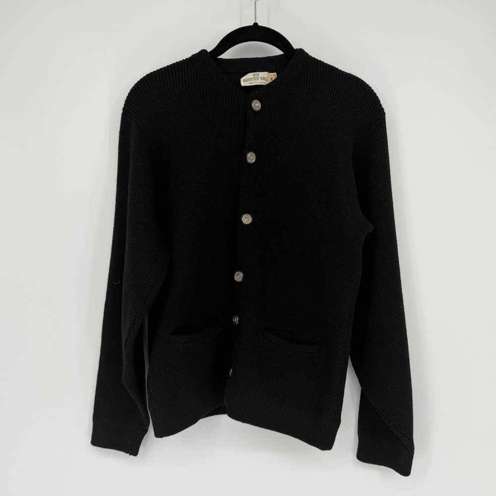 Vintage Barnton Hall Virgin Wool Cardigan Black Knit Crest Button Sweater M